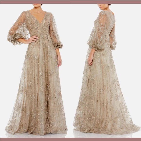 NWT $598 Mac Duggal [ 8 ] Embellished V-Neck Puff Sleeve A-Line Gown Mocha #Q524 - Picture 1 of 16
